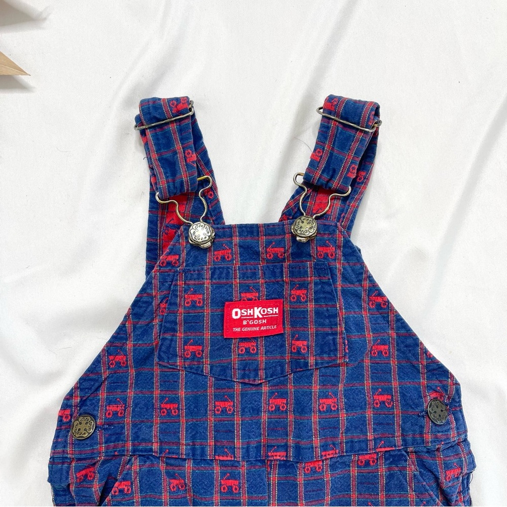 Vintage OshKosh B’Gosh Blue and Red Plaid Little Red Wagon Overalls Jumpsuit 2T - Picture 2 of 7